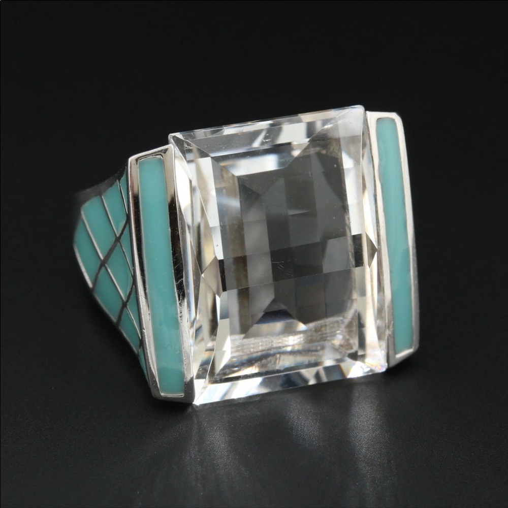 Sterling silver rock quartz crystal enamel ring. 7